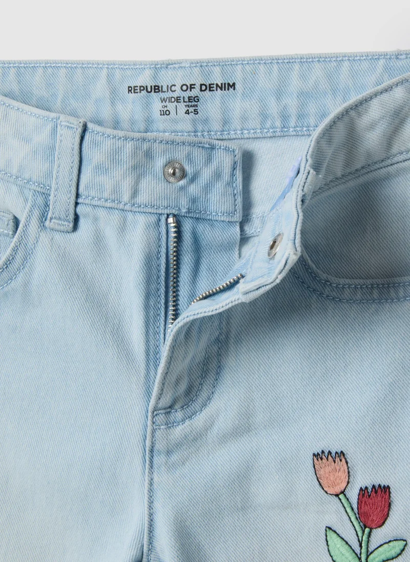 Ovs  OVS Girl'S Light Blue Pure Cotton Flare Jeans With Floral Embroidery for Kids | Best Price UAE